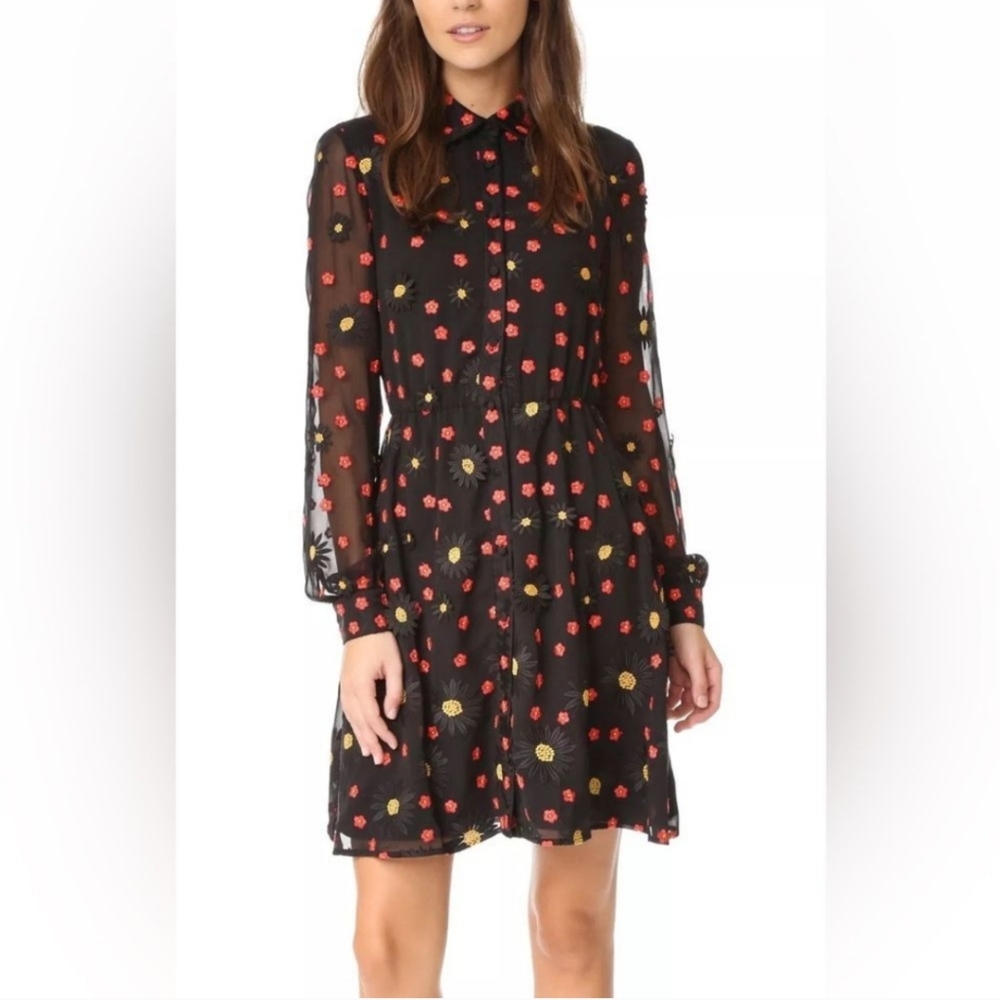 Alice And Olivia Enid Floral Black Button Down Dress with Red and Yellow Accents